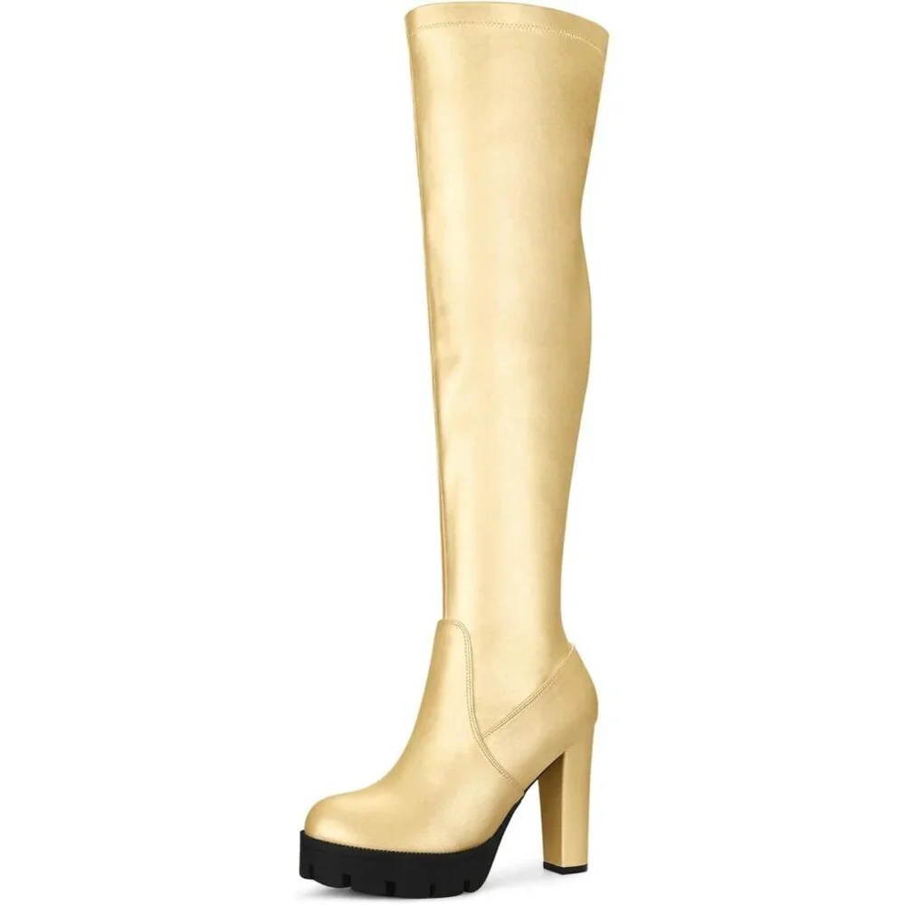 Women's Gold Platform Boots Chunky Heel Over Knee High Rounded Toe Long Boots